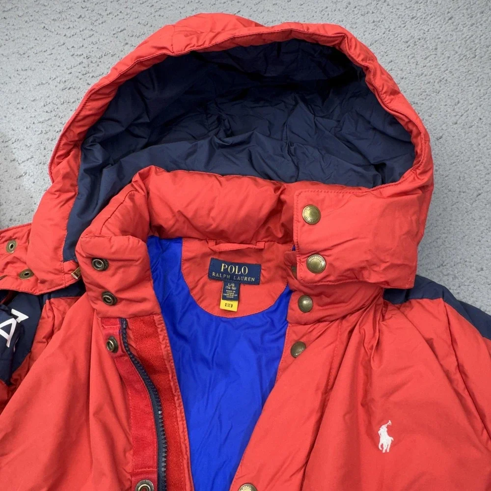 Polo Ralph Lauren Jacket Boys 14-16 Red Puffer Hooded Down Zip Taffeta